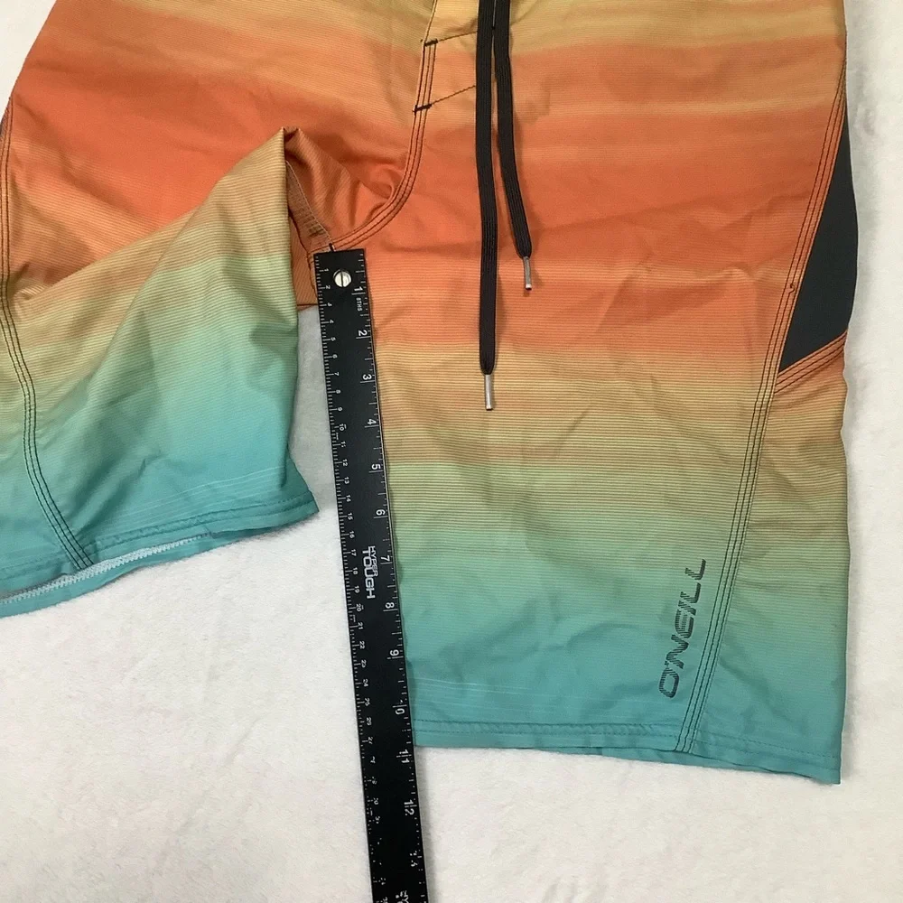 O’Neill Superfreak Striped Boardshorts Sz 28 Orange Teal Yellow